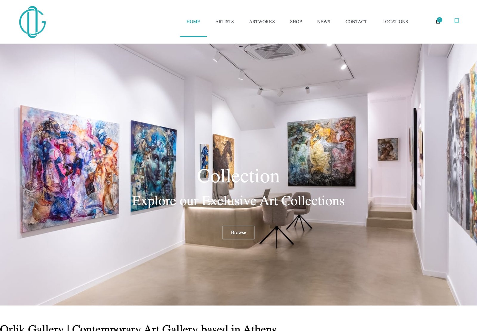 The orlikgallery.com homepage with the gallery space and collection