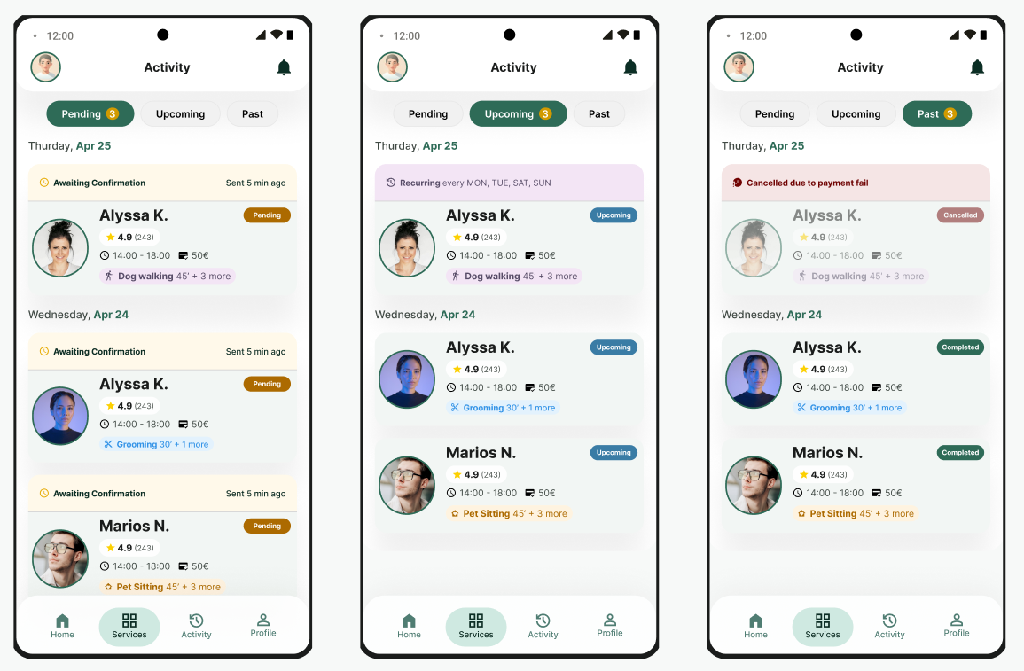 PawEra — activity screens: pending, upcoming and completed bookings