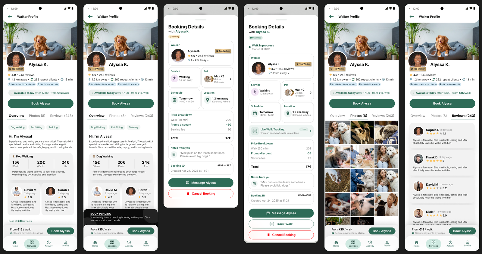 PawEra — booking flow: provider profile, booking details, walk in progress, photos and reviews